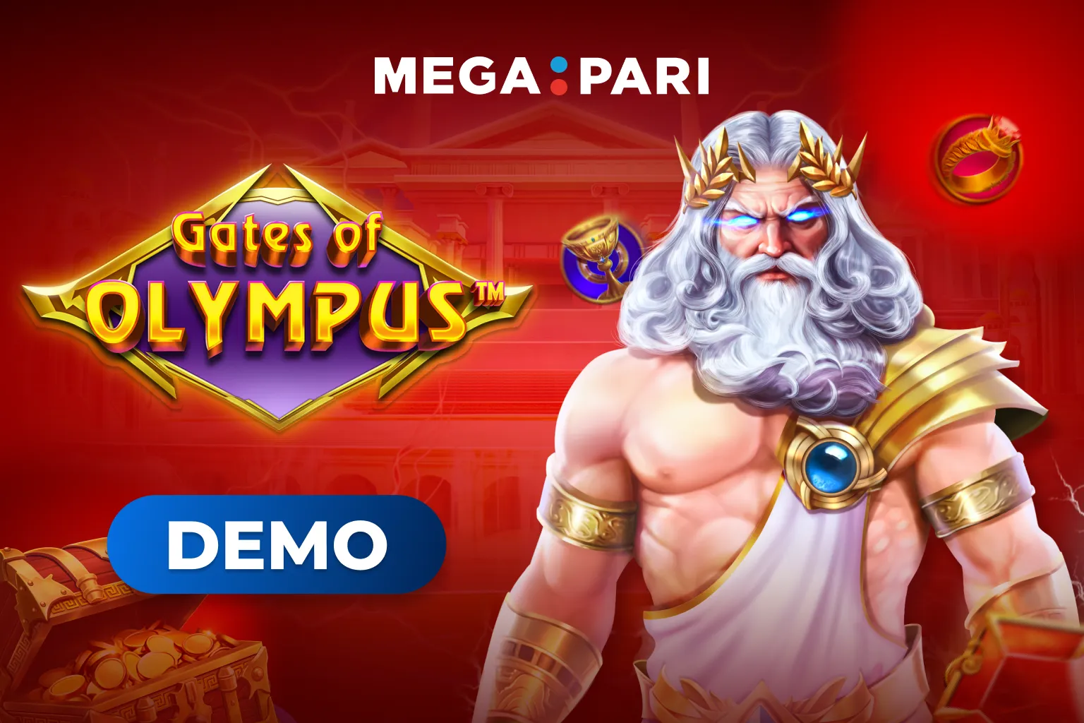 Megapari Gates of Olympus oyununun demo sürümünü simgeleyen dijital bir tanıtım görseli